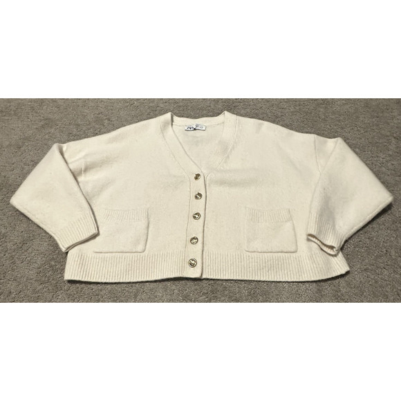 Zara Women L Cardigan Sweater 100% Wool Cropped Knit V-Neck Gold Buttons Ivory - Picture 1 of 12